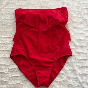 Red strapless bathing suit one piece swimsuit